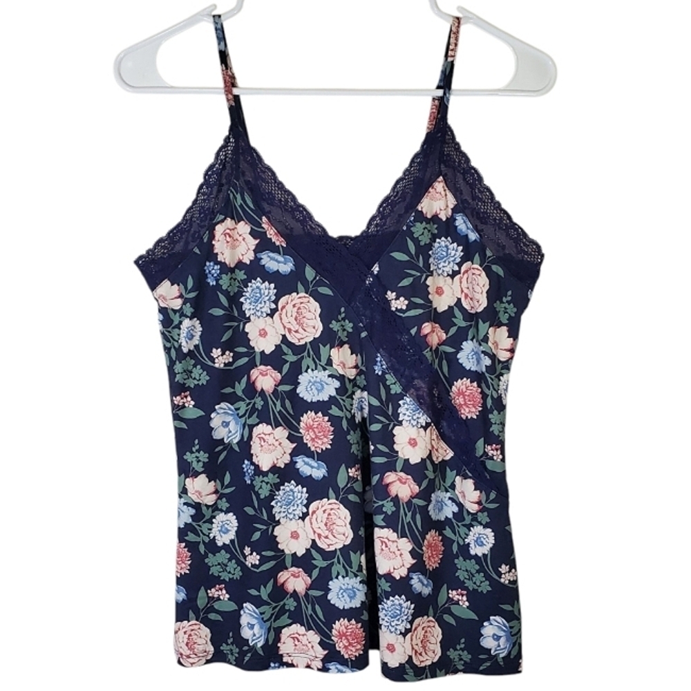 2180 * Vince Camuto Lace Trim Floral Tank Navy Blue Pink Size M